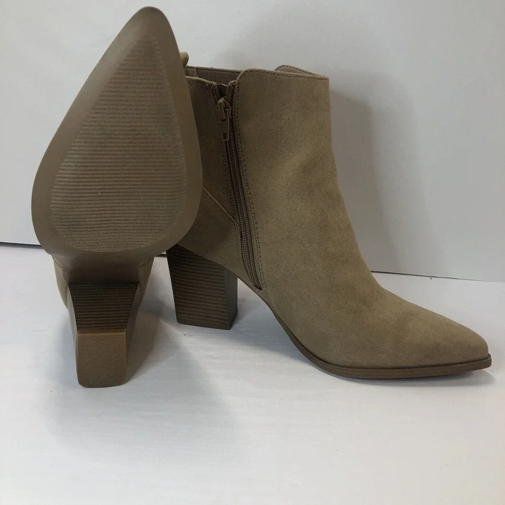 JustFab Ankle Booties‎ Boots Women Size 9 Tan Stacked Heel Zip Tan Faux Suede
